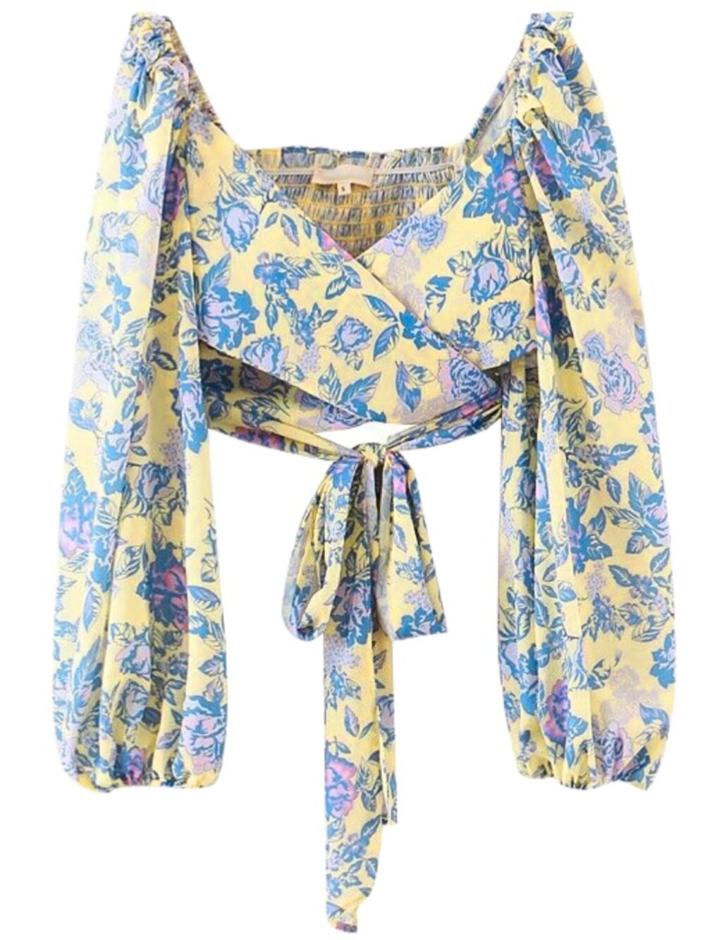 Floral Print Lantern Sleeve Wrap Blouse